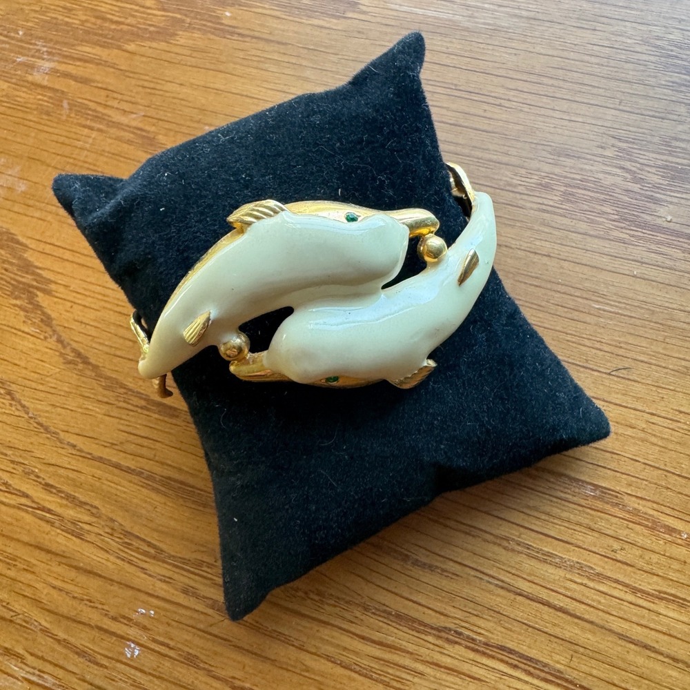 Gold‎ Tone Cream Enamel Teal Rhinestone Eye Dolphin Hinged Bracelet